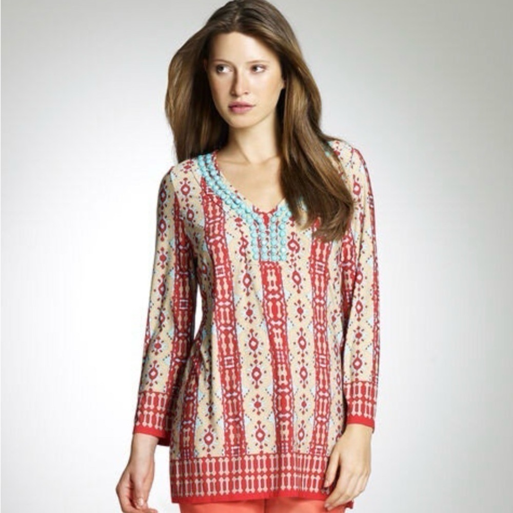 Jones New York beaded front knit top printed petite S V-neck red beige stretchy